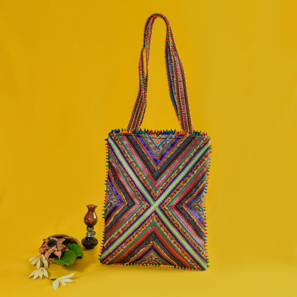 Pabiben- Neon green & Multicolour Hari Jari Art Pabi Rectangular Tote Bag