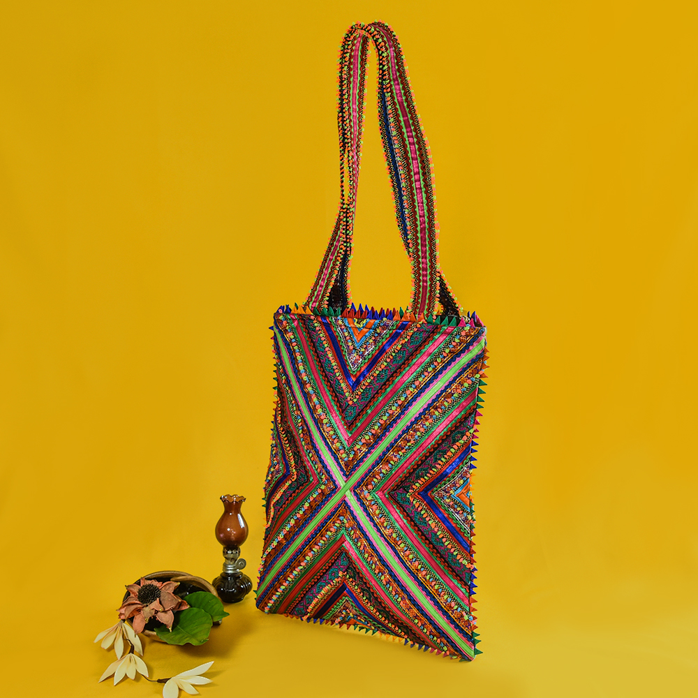 Pabiben- Neon green & Multicolour Hari Jari Art Pabi Rectangular Tote Bag - Image 2