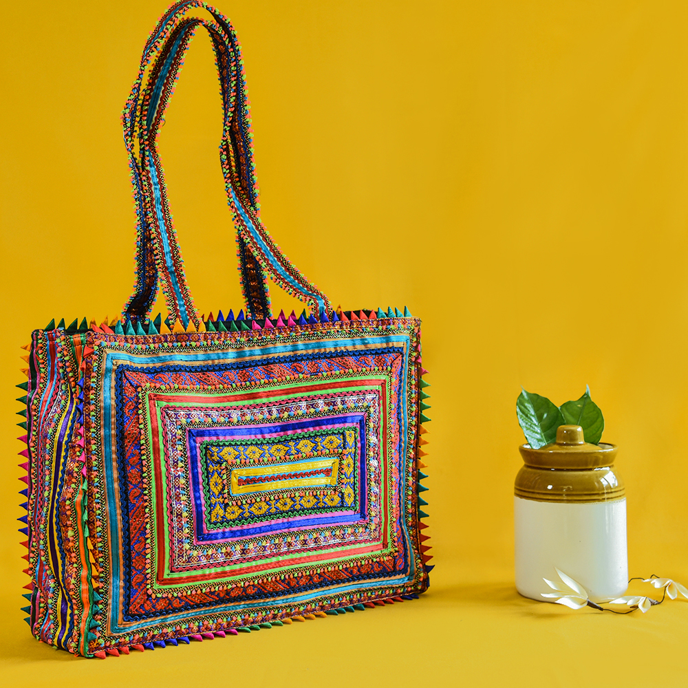 Pabiben- Blue & Multicolour Hari Jari Art Rectangular Large Pabi Bag - Image 3