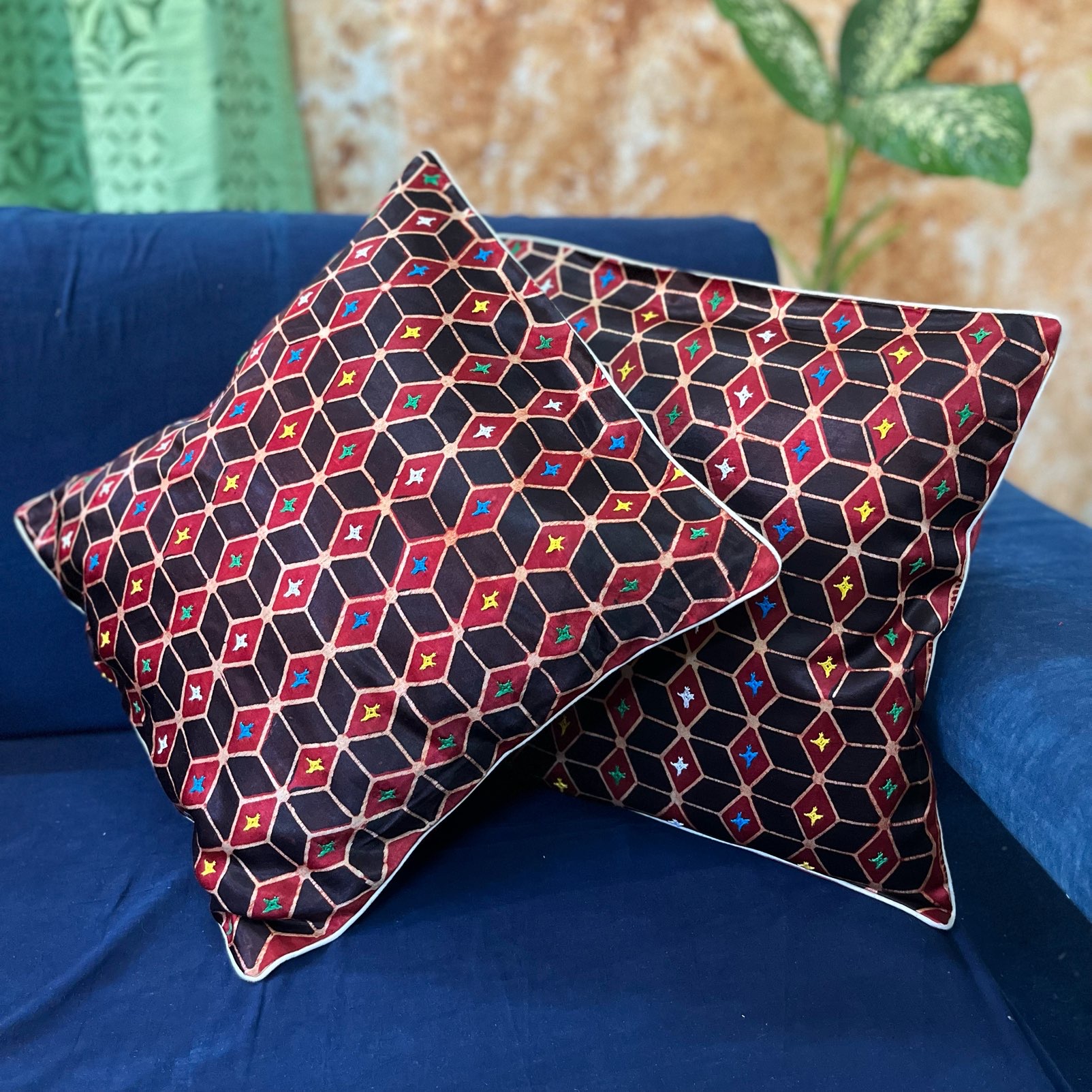 Red - Ajrakh Patch Ikat Cushion Cover 10