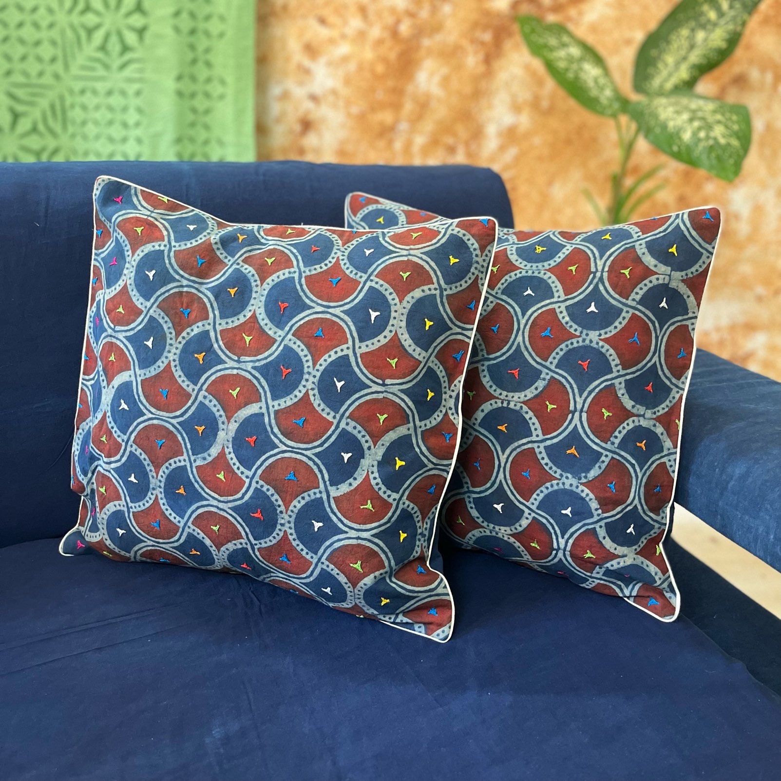 Red Ajrakh Hand Embroidered Glaze Cotton Cushion Cover