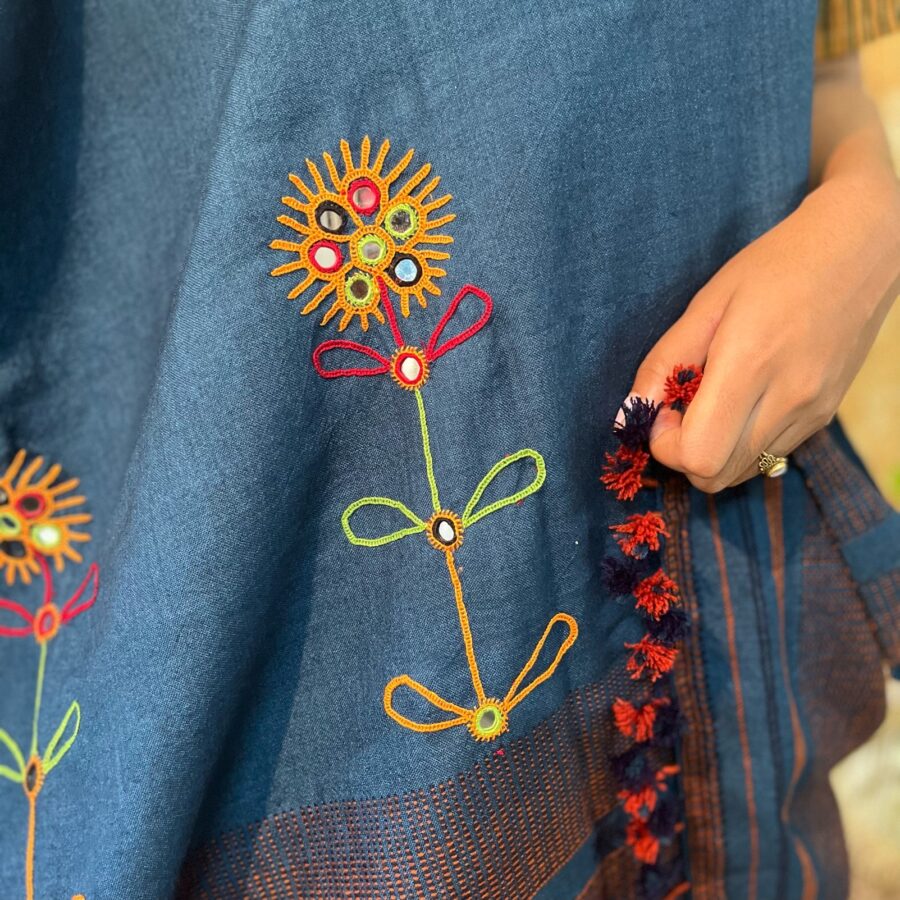 Cobalt Blue, "83x37" Inches Handmade, Rabari Embroidered Shawl - Image 2