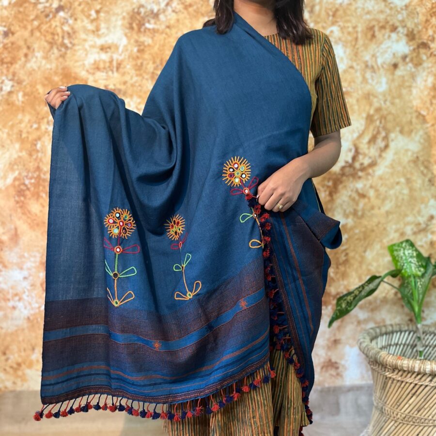 Cobalt Blue, "83x37" Inches Handmade, Rabari Embroidered Shawl