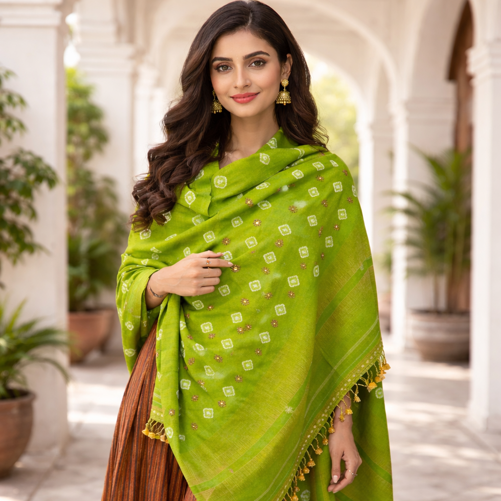 100% Handmade, Rabari Women Embroidered, Bandhani Shawl