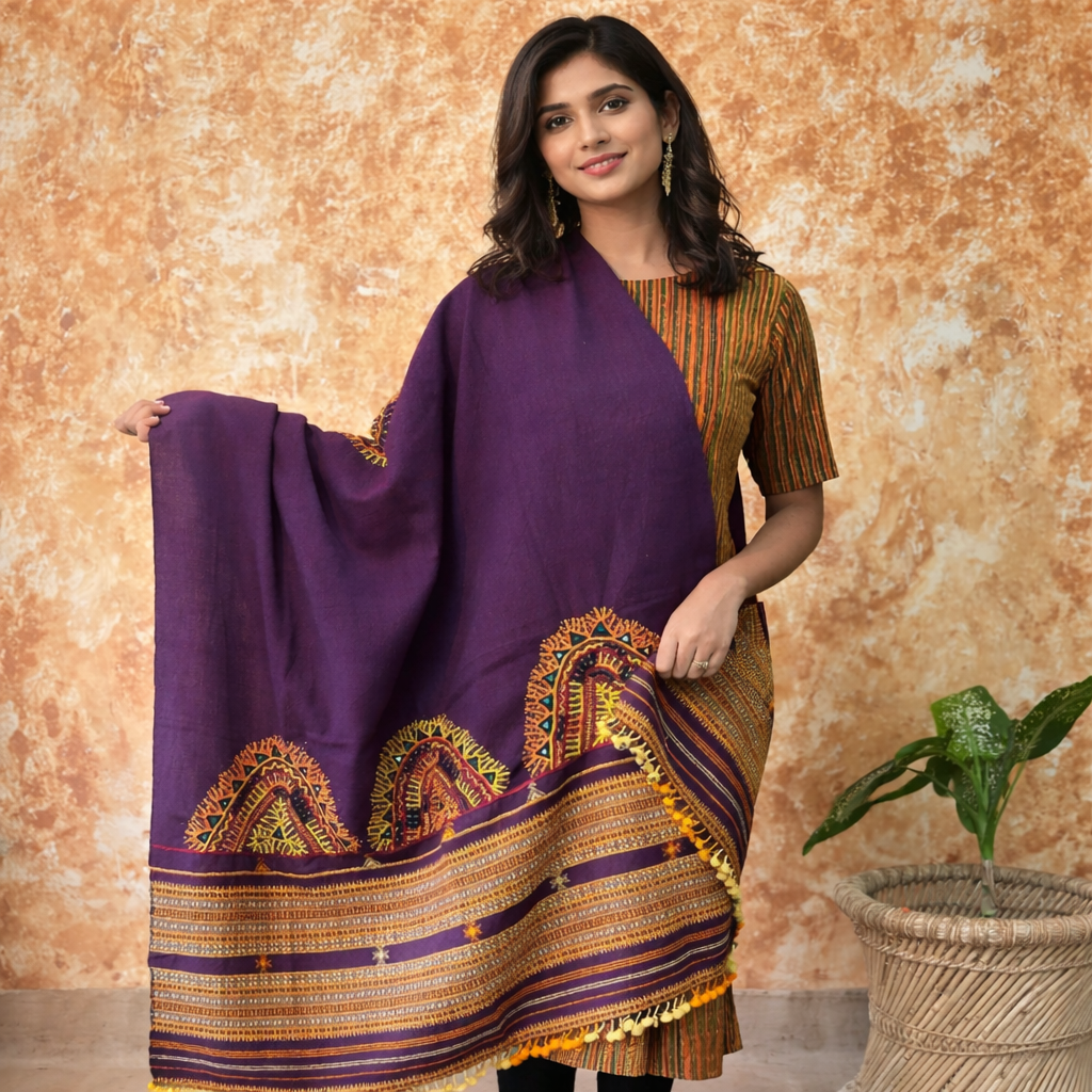 100% Handmade, Rabari Women Embroidered, Bandhani Shawl