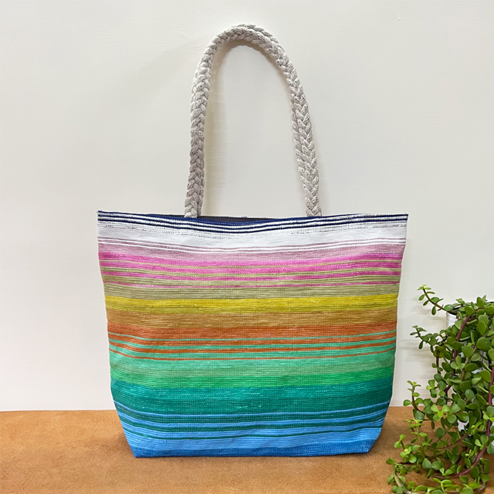 Rajiben- Multicolour Stripe Upcycled Plastic Handwoven Rectangular Shopping Bag - Image 2