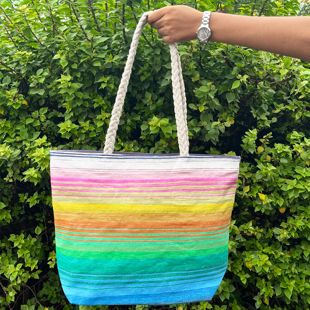 Rajiben- Multicolour Stripe Upcycled Plastic Handwoven Rectangular Shopping Bag