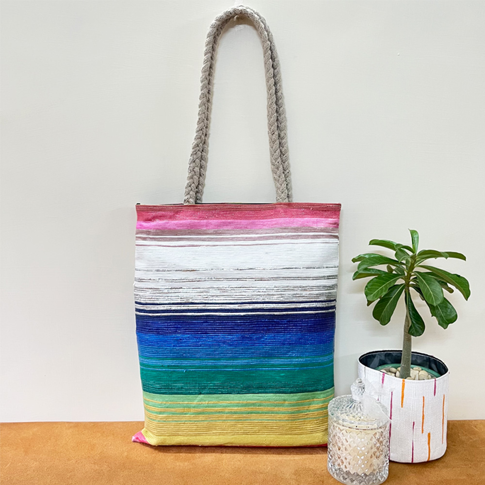 Rajiben- White & Multicolour Stripe Upcycled Plastic Handwoven Tote Bag - Image 2