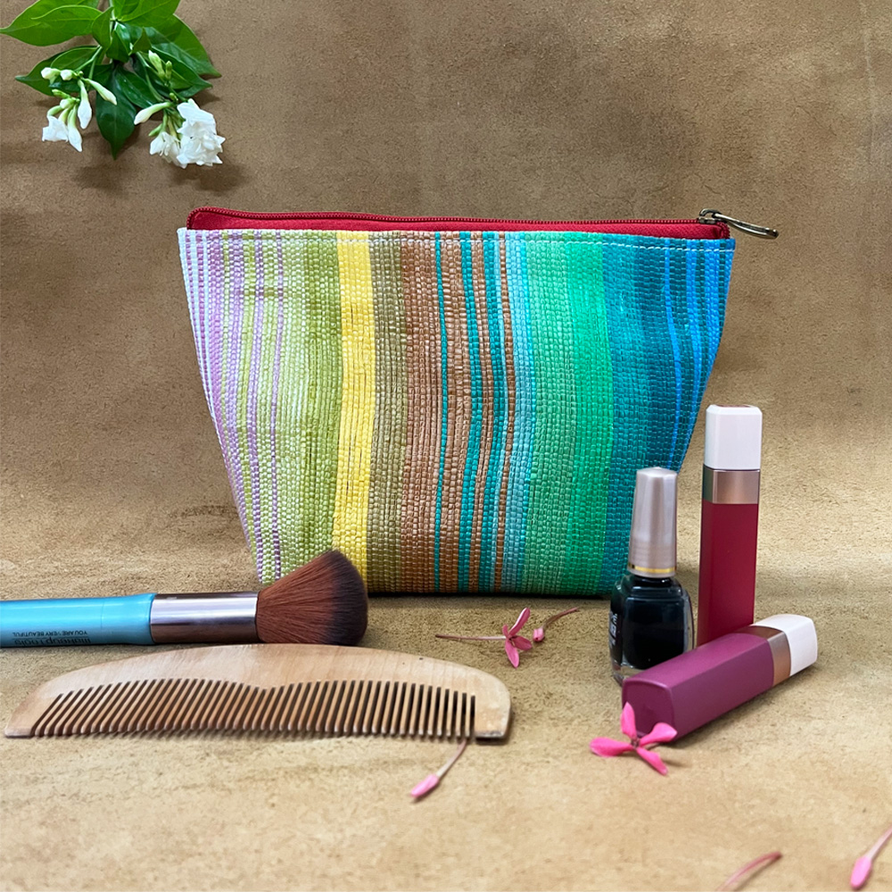 Rajiben- Green & Multicolour strip Upcycled Plastic Handwoven everyday use pouch