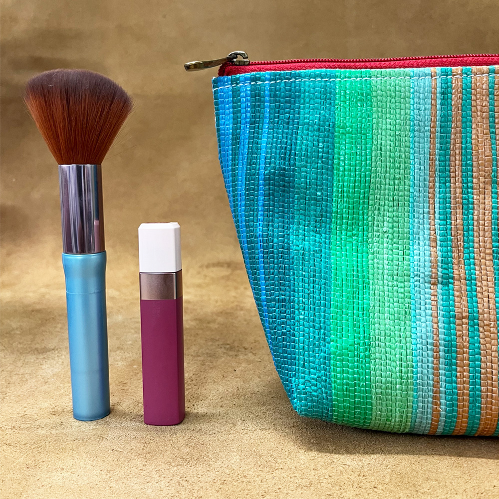 Rajiben- Green & Multicolour strip Upcycled Plastic Handwoven everyday use pouch - Image 2