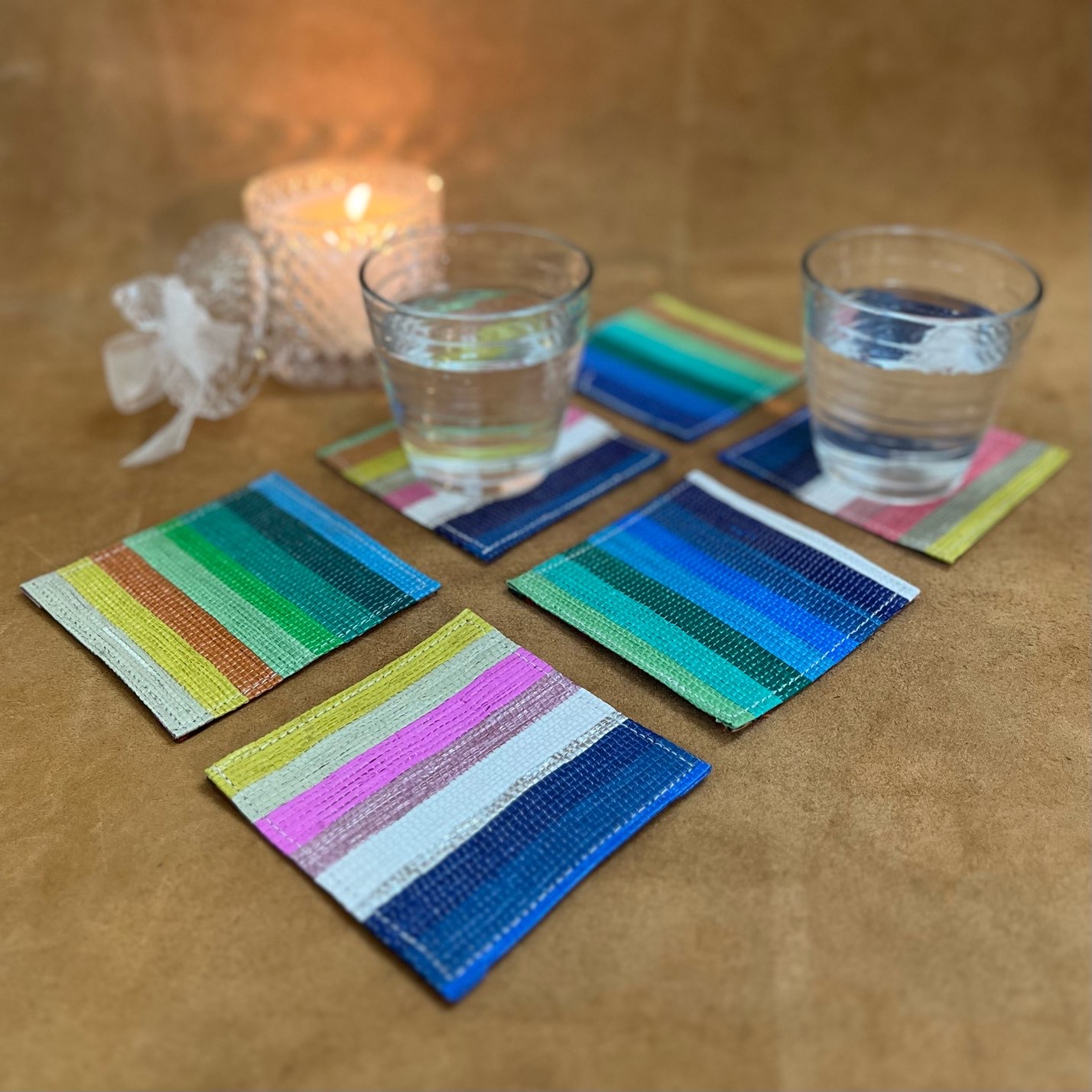 Rajiben – Multicolour tripe Upcycled Plastic Handwoven Coaster - Image 2