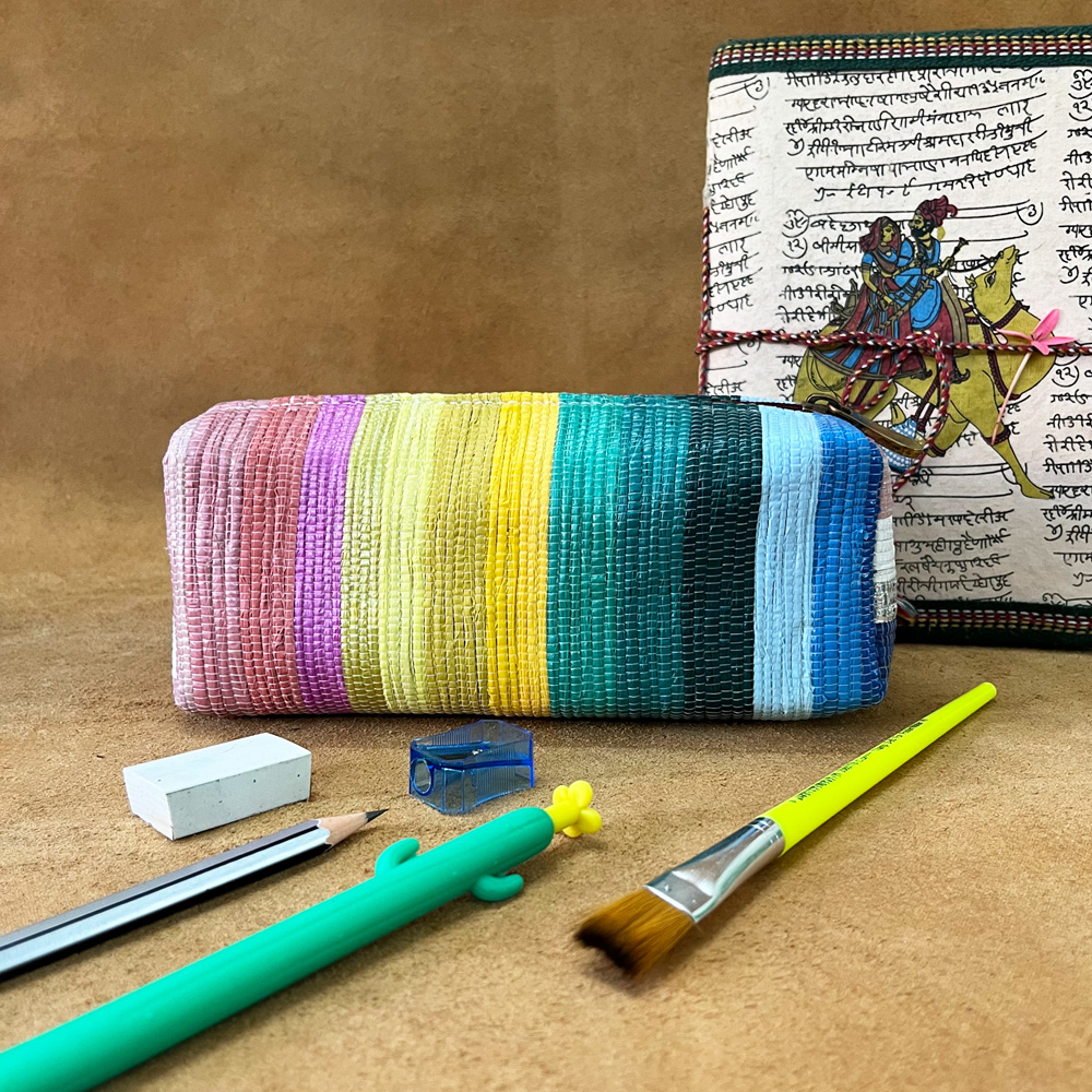 Rajiben- Multicolour strip Upcycled Plastic Handwoven Stationery use pouch
