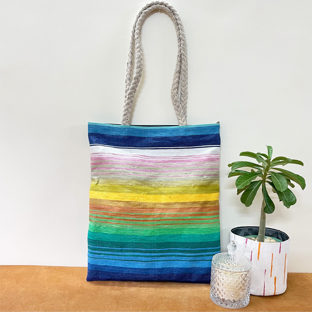 Rajiben- Multicolour Stripe Upcycled Plastic Handwoven Tote Bag - Image 2