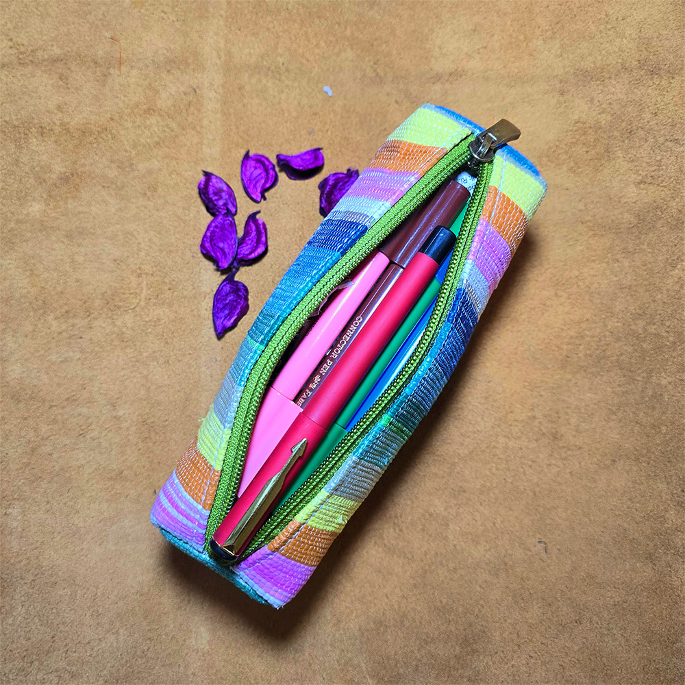Rajiben- Rainbow strip Upcycled Plastic Handwoven Stationery use pouch - Image 3