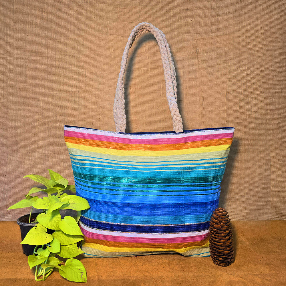 Rajiben- Rainbow Horizontal Stripe Upcycled Plastic Handwoven Rectangular Shoulder Bag