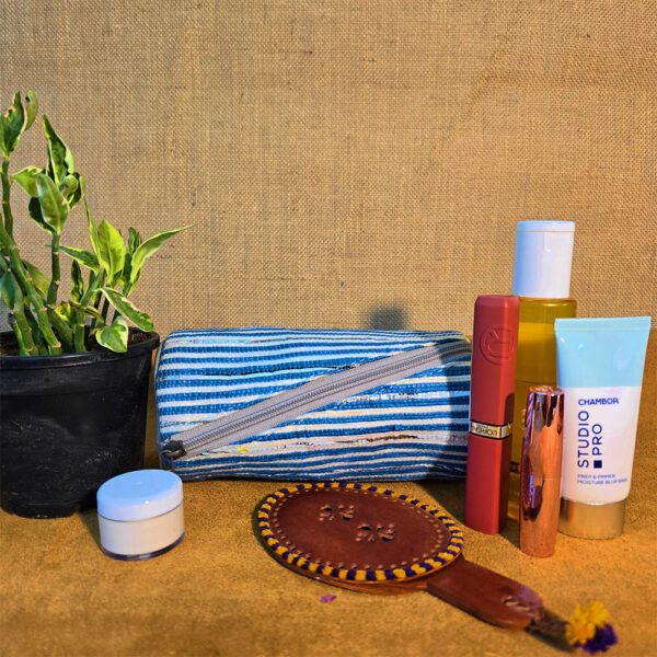 Rajiben- White & Blue strip Upcycled Plastic Handwoven Round Pouch