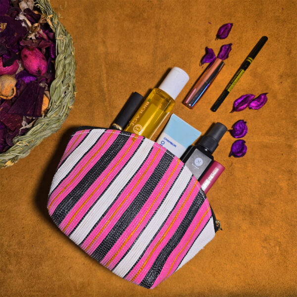 Rajiben- Pink & white strip Upcycled Plastic Handwoven everyday use pouch
