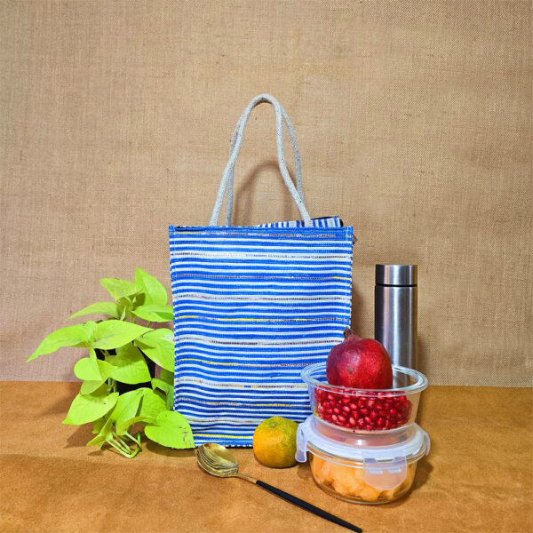 Rajiben –Blue & White Stripe Upcycled Plastic Handwoven Tiffin Bag