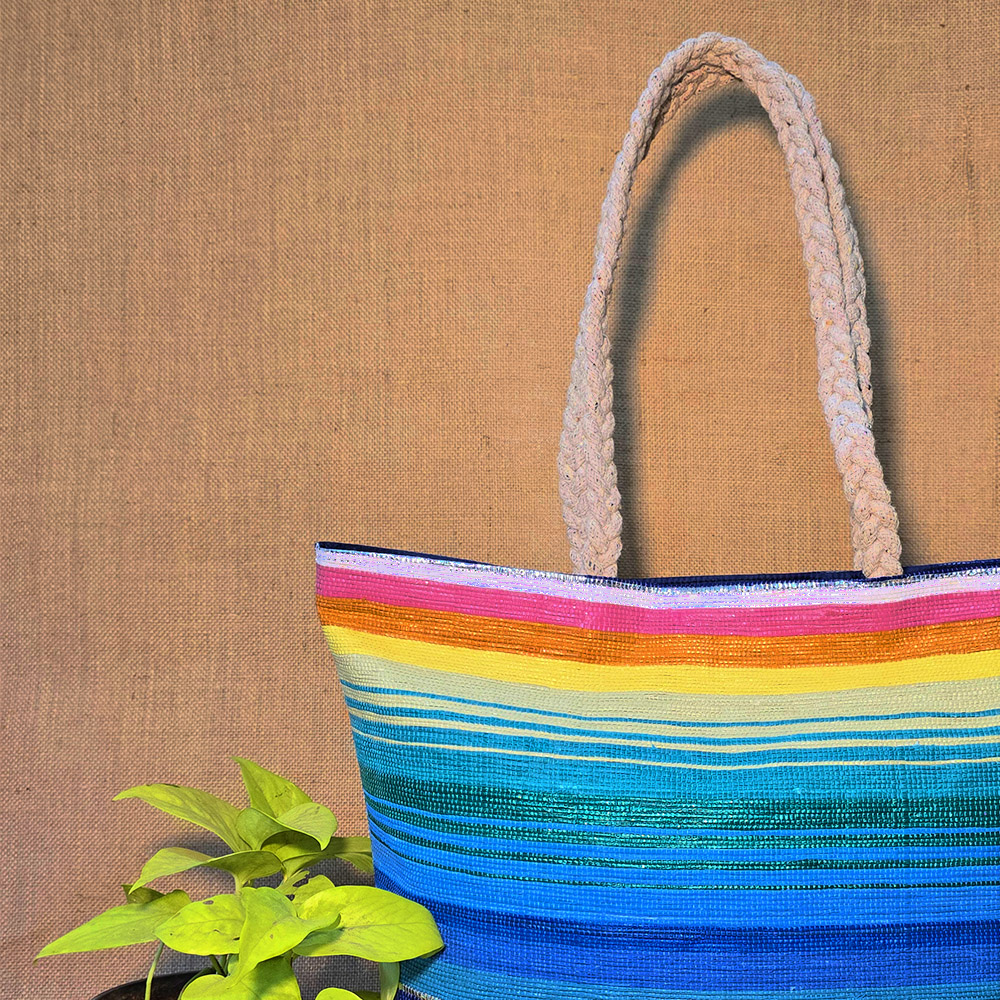 Rajiben- Rainbow Horizontal Stripe Upcycled Plastic Handwoven Rectangular Shoulder Bag - Image 3