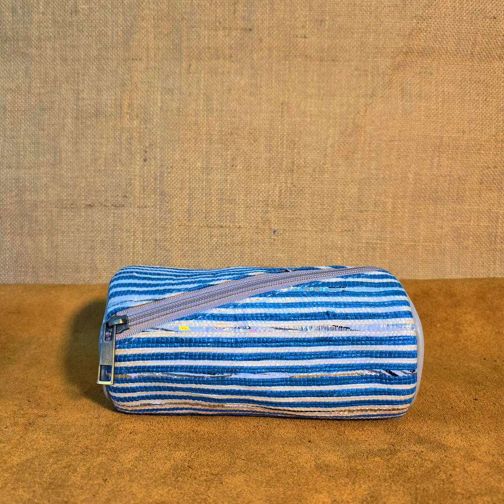 Rajiben- White & Blue strip Upcycled Plastic Handwoven Round Pouch - Image 4