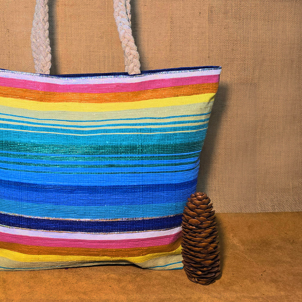 Rajiben- Rainbow Horizontal Stripe Upcycled Plastic Handwoven Rectangular Shoulder Bag - Image 2