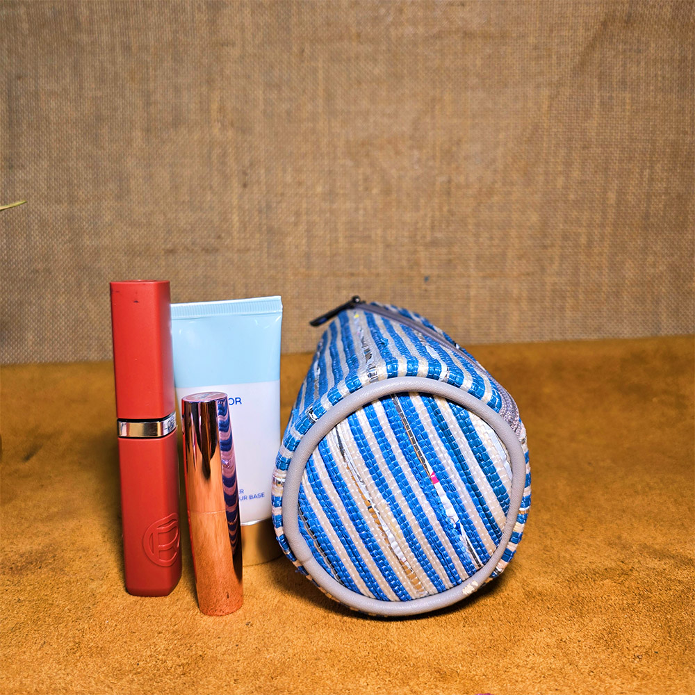 Rajiben- White & Blue strip Upcycled Plastic Handwoven Round Pouch - Image 3