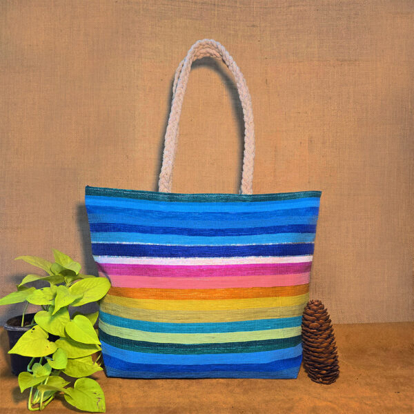 Rajiben- Blue Rainbow Horizontal Stripe Upcycled Plastic Handwoven Rectangular Shoulder Bag