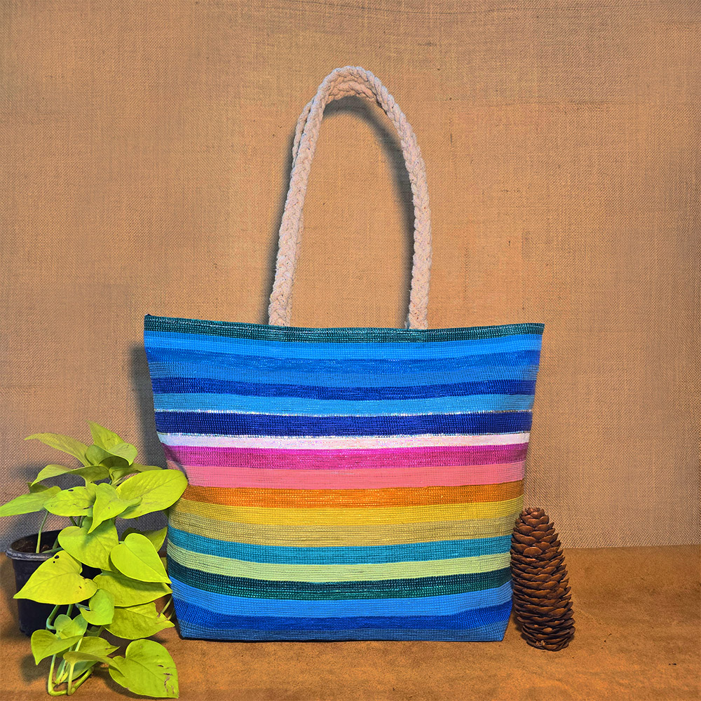Rajiben- Blue Rainbow Horizontal Stripe Upcycled Plastic Handwoven Rectangular Shoulder Bag