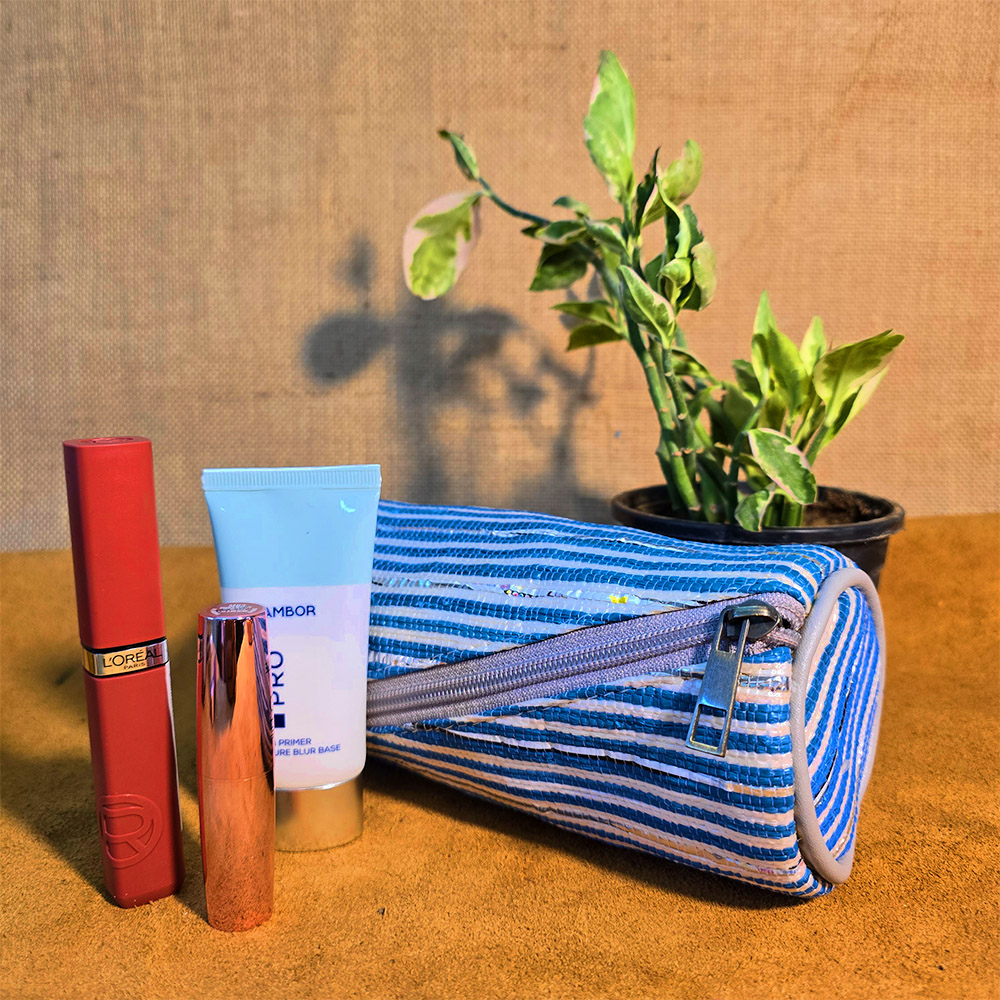 Rajiben- White & Blue strip Upcycled Plastic Handwoven Round Pouch - Image 2