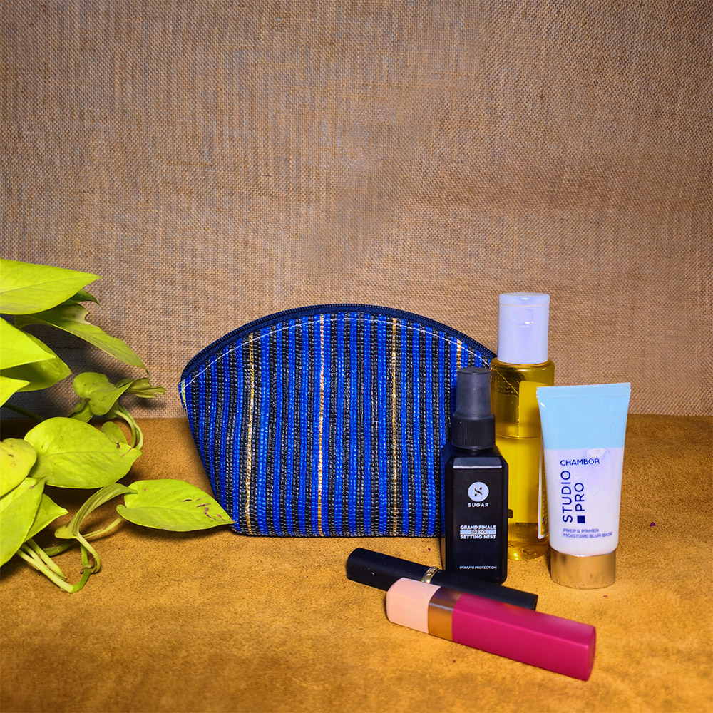Rajiben- Blue & Black strip Upcycled Plastic Handwoven everyday use pouch - Image 2