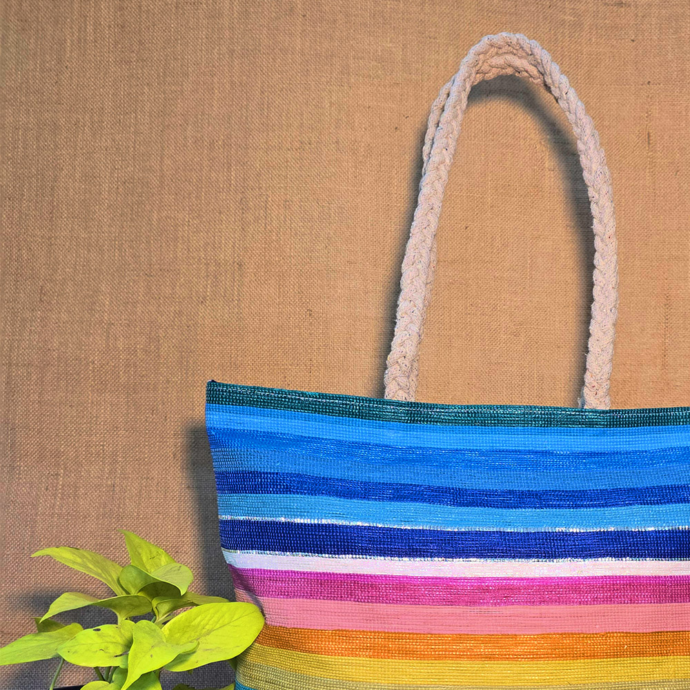 Rajiben- Blue Rainbow Horizontal Stripe Upcycled Plastic Handwoven Rectangular Shoulder Bag - Image 3