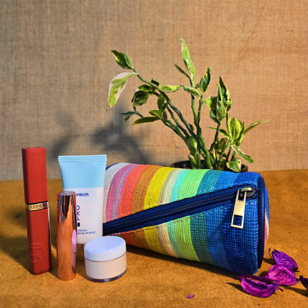Rajiben- Rainbow strip Upcycled Plastic Handwoven Round Pouch