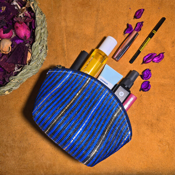 Rajiben- Blue & Black strip Upcycled Plastic Handwoven everyday use pouch