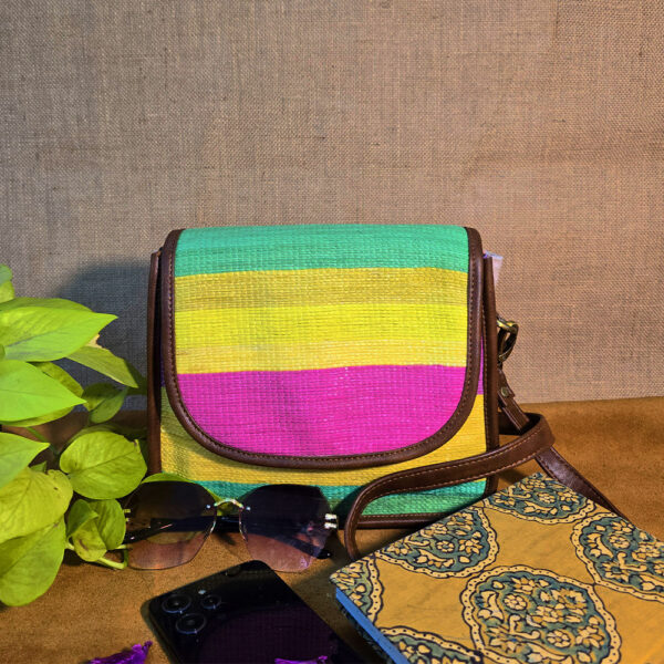 Rajiben- Yellow & Pink Stripe Upcycled Plastic Handwoven Sling Bag