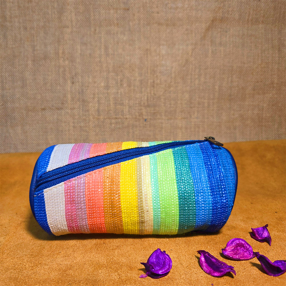 Rajiben- Rainbow strip Upcycled Plastic Handwoven Round Pouch - Image 2