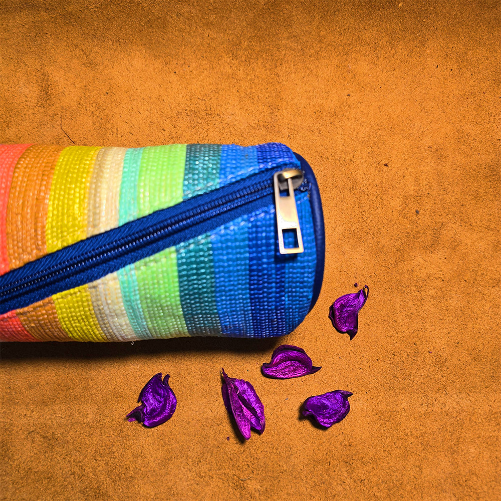Rajiben- Rainbow strip Upcycled Plastic Handwoven Round Pouch - Image 3