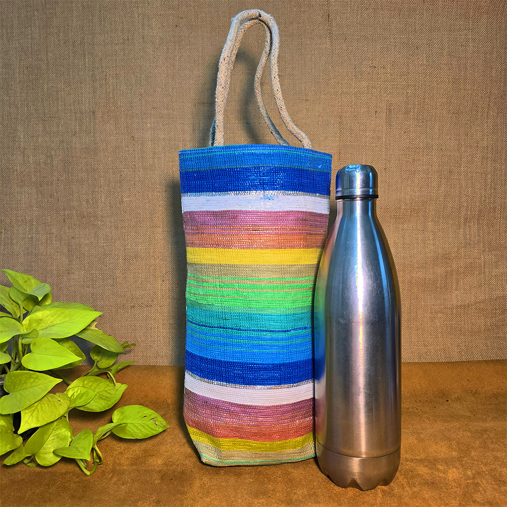 Rajiben – Multicolour Stripe Upcycled Plastic Handwoven Raji Bottle Cover