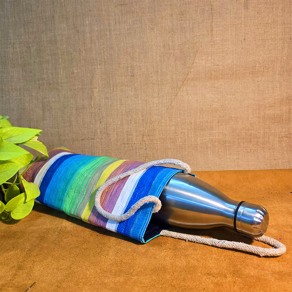 Rajiben – Multicolour Stripe Upcycled Plastic Handwoven Raji Bottle Cover - Image 2