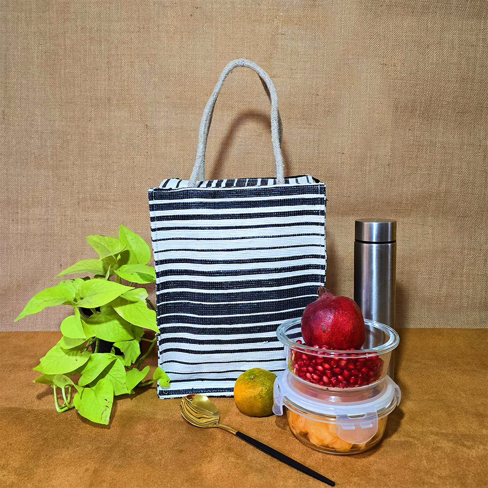 Rajiben –Black & White Stripe Upcycled Plastic Handwoven Tiffin Bag