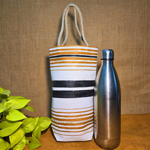 Rajiben -  Mustered yellow - Black & White Stripe Upcycled Plastic Handwoven Raji Bottle Cover (Large)