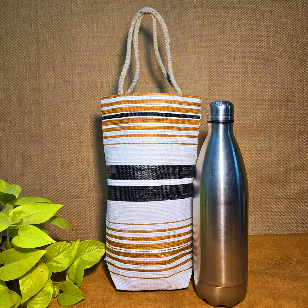 Rajiben - Mustered yellow - Black & White Stripe Upcycled Plastic Handwoven Raji Bottle Cover (Large)