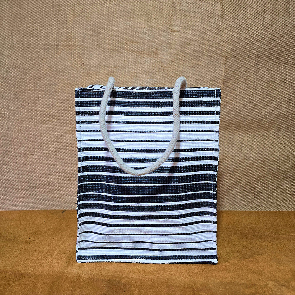 Rajiben –Black & White Stripe Upcycled Plastic Handwoven Tiffin Bag - Image 2