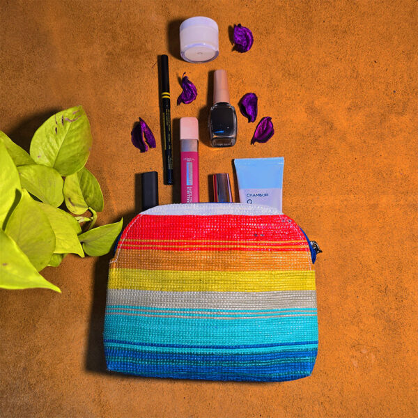 Rajiben- Red & Multicolour strip Upcycled Plastic Handwoven Utility use pouch