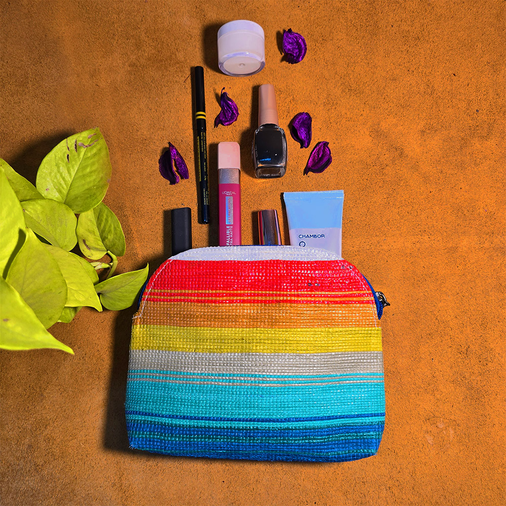Rajiben- Red & Multicolour strip Upcycled Plastic Handwoven Utility use pouch