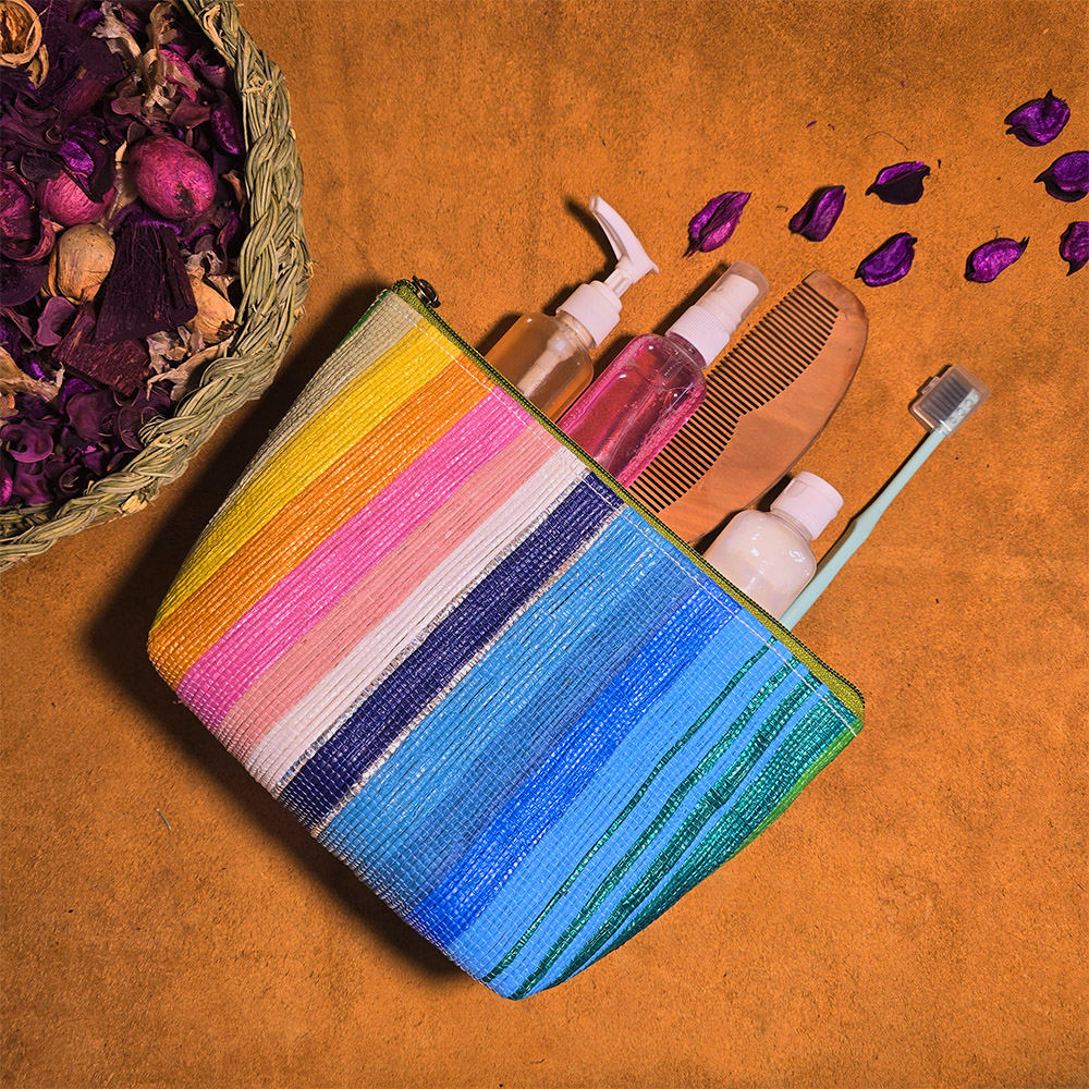 Rajiben- Multicolour strip Upcycled Plastic Handwoven everyday use pouch - Image 2