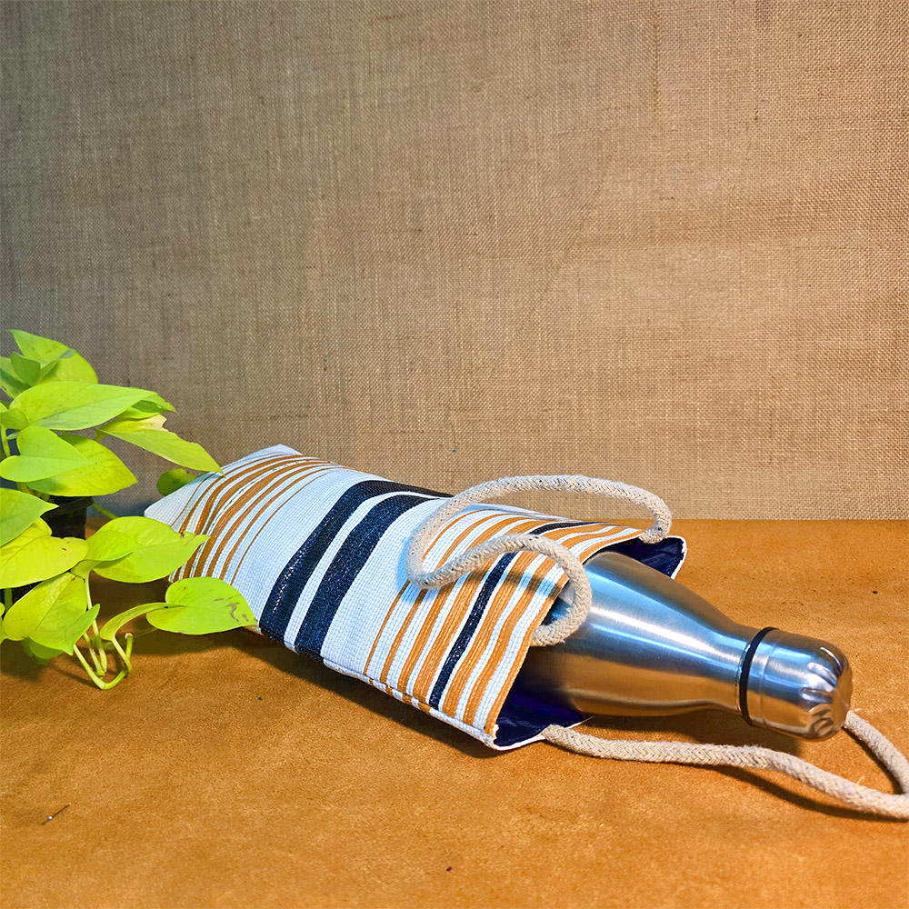Rajiben - Mustered yellow - Black & White Stripe Upcycled Plastic Handwoven Raji Bottle Cover (Large) - Image 2