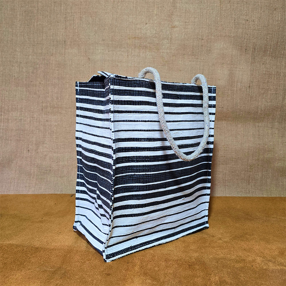 Rajiben –Black & White Stripe Upcycled Plastic Handwoven Tiffin Bag - Image 3