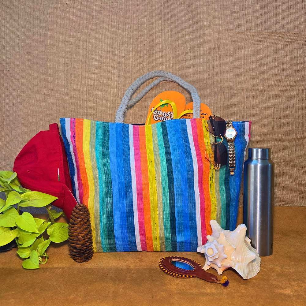 Rajiben- Rainbow Vertical Stripe Upcycled Plastic Handwoven Rectangular Shoulder Bag - Image 2
