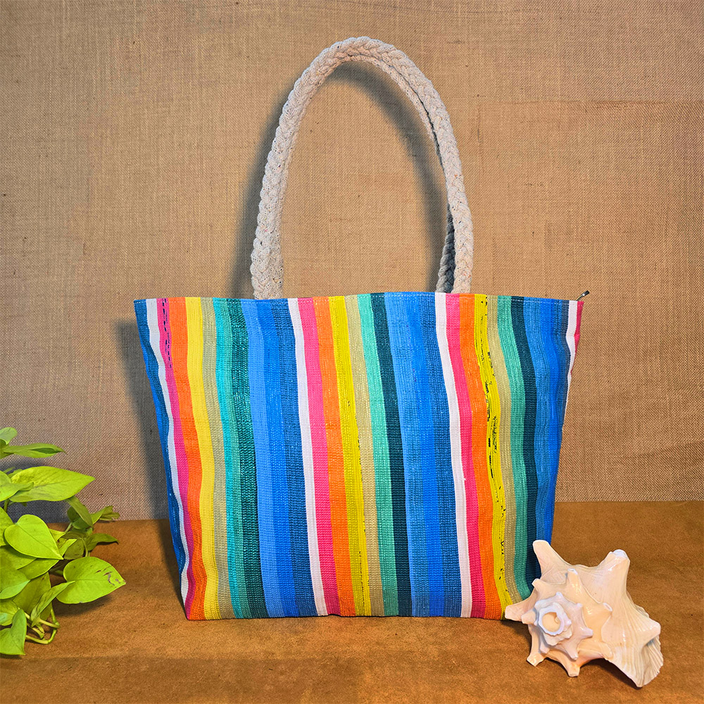 Rajiben- Rainbow Vertical Stripe Upcycled Plastic Handwoven Rectangular Shoulder Bag