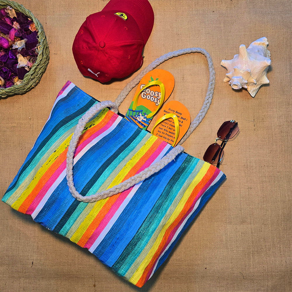 Rajiben- Rainbow Vertical Stripe Upcycled Plastic Handwoven Rectangular Shoulder Bag - Image 3